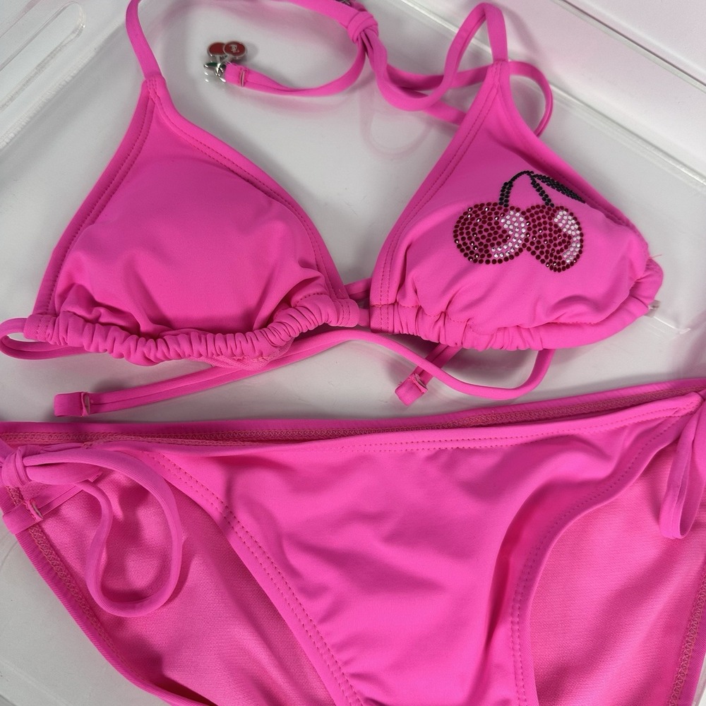 Juicy Couture Rhinestone Cherry Bikini Set Pink Triangle Tie Side Swimsuit Large - Picture 6 of 9